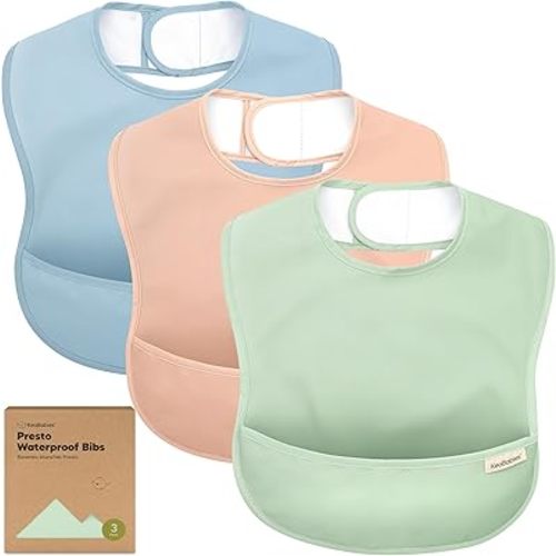 3-Pack Waterproof Baby Bibs for Eating - Lightweight Baby Bib with Food Catcher, Mess Proof Toddler Bibs, Waterproof Bibs for Baby Boys, Baby Girls, Feeding Bibs, Drool Bibs, Baby Food Bibs (Mellow)