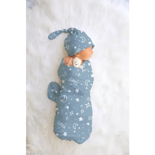 Personalized Moon and stars baby blanket, Custom night sky swaddle blanket, Celestial nursery bedding, bow hat matching,boy girl shower gift