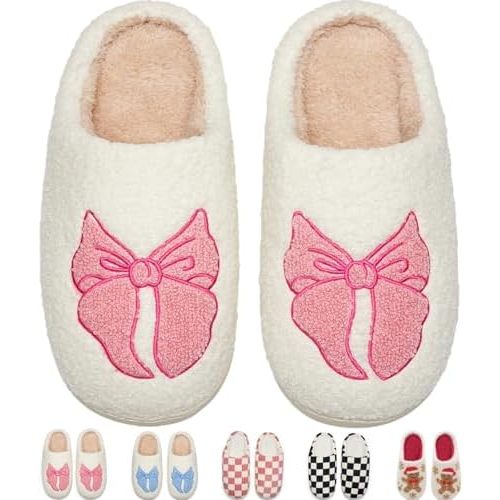 6.5-7.5 Cute Bow House Slippers Memory Foam Fuzzy Shoes for Women Non-Slip Warm Indoor Outdoor
