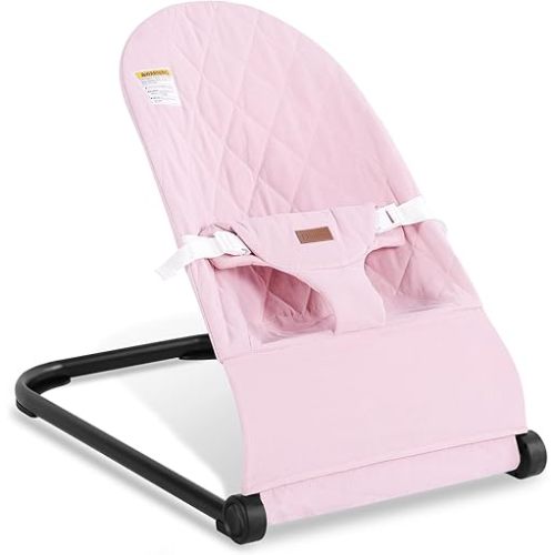 Baby Bouncer,Baby Bouncer Seat,Portable Infant Bouncer with 3-Point Safety Harness,Ergonomic Bouncy Seat, Newborns Bouncer for Babies 0-6 Months up to 20lbs,ASTM-Certified(Pink)