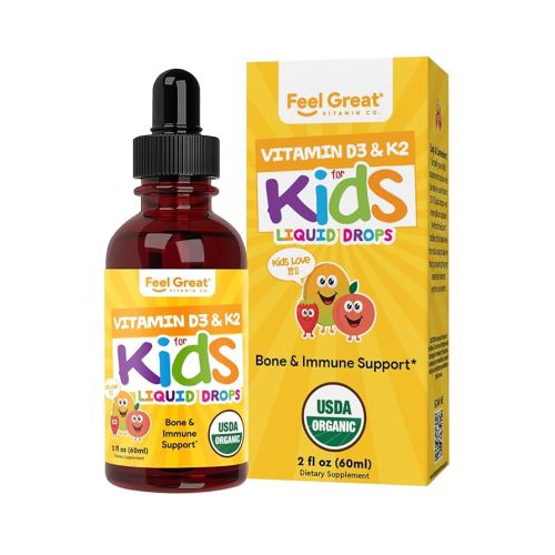 Feel Great USDA Organic Liquid Vitamin D Drops for Infants & Toddlers (2 oz) w/ K2 for Absorption | Vitamin D for Kids Supports Immune Support & Bone Health | Sugar Free, Vegan, Non-GMO & Gluten Free
