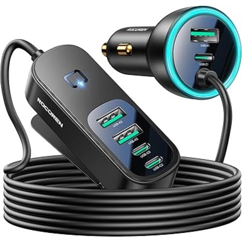 Rocoren 105W 6-Port Multiport Car Charger, PD Fast USB C Car Charger for Multiple Devices, Cigarette Lighter Adapter Car Travel Essentials for Road Trips with 5FT Cable for iPhone 16/15, Samsung S25