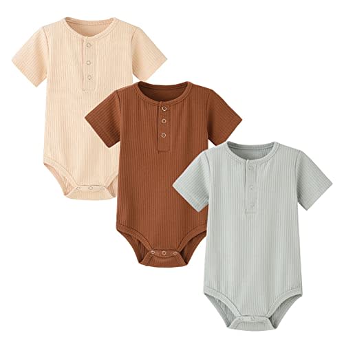 WATOCHE Baby Boy Ribbed Bodysuit Short Sleeve Solid Romper Newborn Jumpsuit One Piece Baby Boy's Clothes/Outfits 0-18 Months