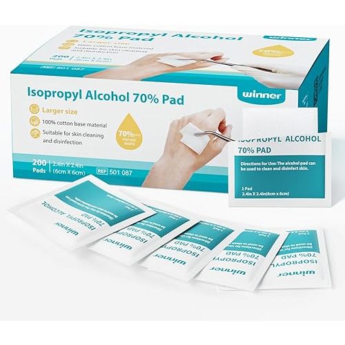 Winner Alcohol Prep Pads, 200 Count Alcohol Wipes Individually Wrapped, 70% Isopropyl, Medical Grade 4 Ply Swabs, Essential for First Aid, Home and Laboratories