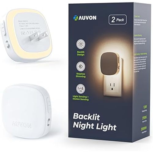 AUVON Plug-in LED Backlit Night Light with Motion Sensor & Dusk to Dawn Sensor, Dimmable Warm White Nightlight with 1-50 lm Adjustable Brightness for Bathroom, Bedroom, Hallway, Stairs (2 Pack)