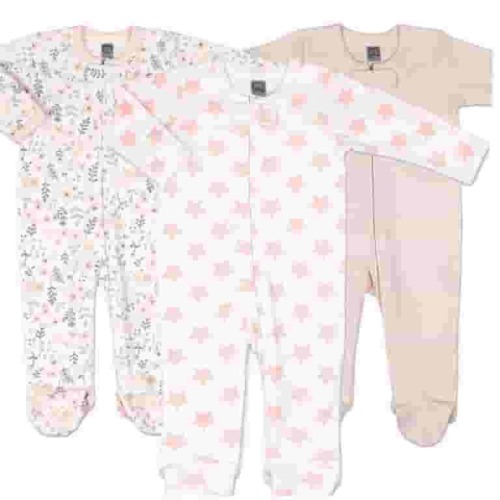 The Peanutshell Baby Sleep n Play Footed Pajamas for Girls, Pink Floral, 3 Pack, Newborn to 9 Months