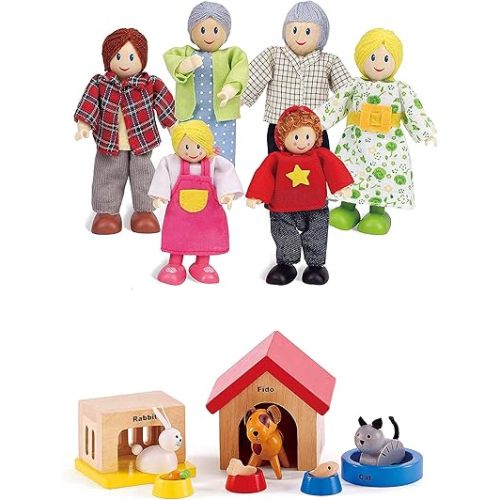 Hape Award Winning Wooden Dollhouse with Pet Set, Unique Accessories for Imaginative Play, 6 Family Figures - Adults 4.3" and Kids 3.5"