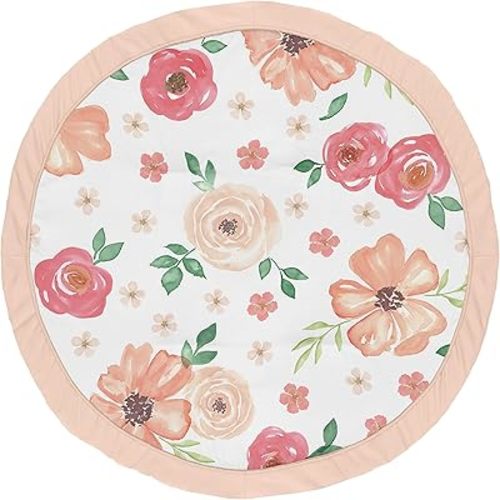 Sweet Jojo Designs Peach and Green Shabby Chic Playmat Tummy Time Baby and Infant Play Mat for Watercolor Floral Collection - Pink Rose Flower