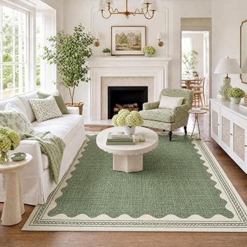 GarveeHome Scalloped Sage Green Washable Area Rug 6x9 Rugs for Living Room Soft Low-Pile Solid Modern Minimalism Thin Carpet for Bedroom Dining Nursery Non Slip