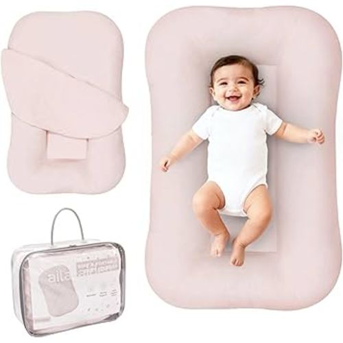 Aila + Aiden Baby Lounger | Organic Cotton Infant Lounger | Adjustable & Portable Floor Lounger | Supervised Use | Soft, Breathable, Washable Cover - Snuggle Collection - (Pink)