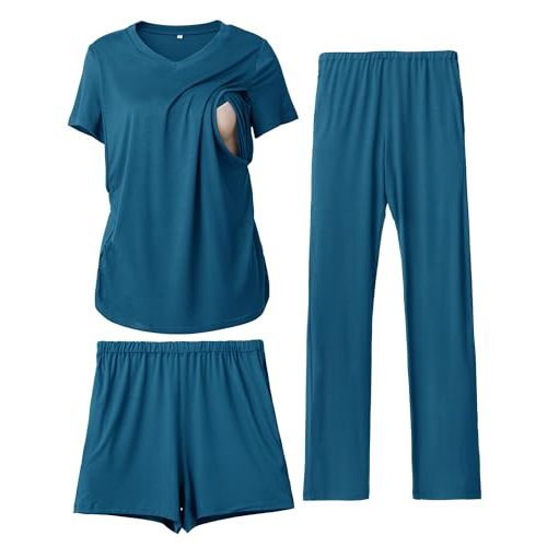 Rnxrbb 3 Piece Women's Maternity Nursing Pajamas Set V Neck Breastfeeding Pjs Sleepwear Postpartum Shorts&Pants Pockets