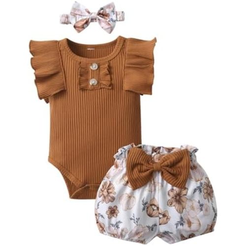 Infant Baby Girl Clothes Summer Ruffle Sleeve Romper Floral Shorts Headband 3Pcs Outfits Set