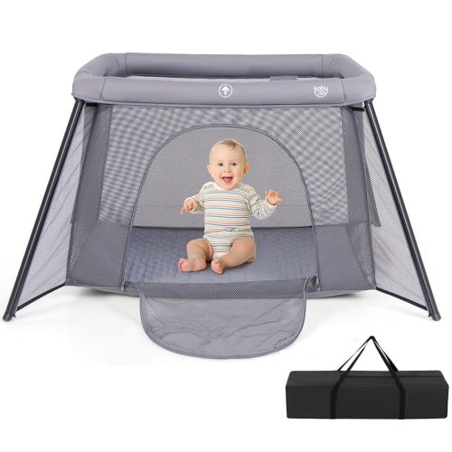 BABY JOY 2 in 1 Travel Crib, Portable Baby Playpen with Soft Washable Mattress, Foldable Pack and Play Lightweight Installation-Free Home Playard with Carry Bag, for Infants & Toddlers Indoor Outdoor