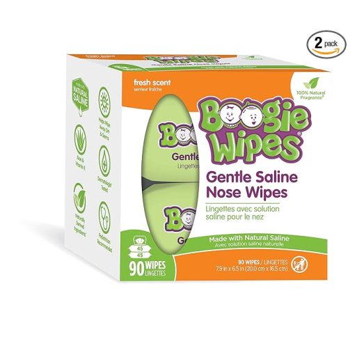Boogie Wipes, Saline Wipes for Baby & Kids, Nose Booger Wipes for Allergy Relief, Face, Hand & Body, Made with Vitamin E, Aloe and Natural Saline, Fresh Scent, 45 Count (Pack of 2)