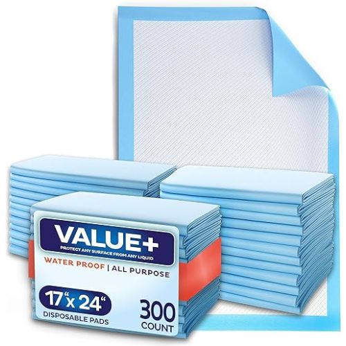 Disposable Chucks Pads [300 Pack - 17x24] Diaper Changing Pad Incontinence Bed Underpads for Baby, Dog & Puppy Pee Pads - Small Waterproof Blue Chux for Medical, Beds, Pet Crate Liners & Travel