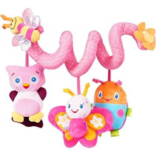 Jollybaby Crib Stroller Car Seat Toys for Baby 0-3-6-9-12 Months, Tummy Time Hanging Sensory Toys for Newborn with Music Box and Teether, Spiral Carseat Toy for Infant Boys Girls Gifts (13-Pink)