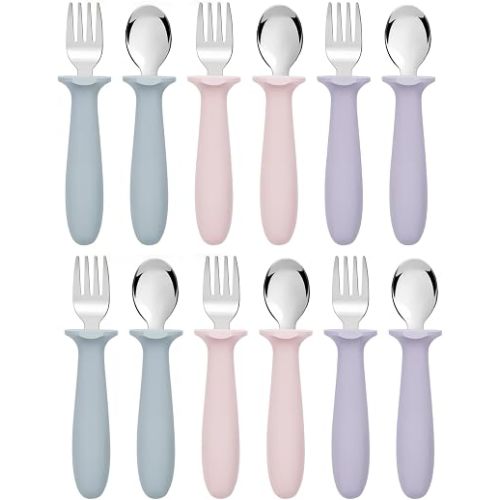 12 PCS Toddler Utensils Kids Silverware Set with Silicone Handle Children Food Grade 18/8 Stainless Steel Toddler Forks and Spoons Safe Anti-Choke Design Mirror Polished Sturdy Durable with 3 Colors