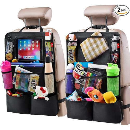 Helteko Backseat Car Organizer, Kick Mats Back Seat Protector with Touch Screen Tablet Holder, Back Seat Organizer for Kids, Travel Accessories with 9 Storage Pockets 2 Pack, Black