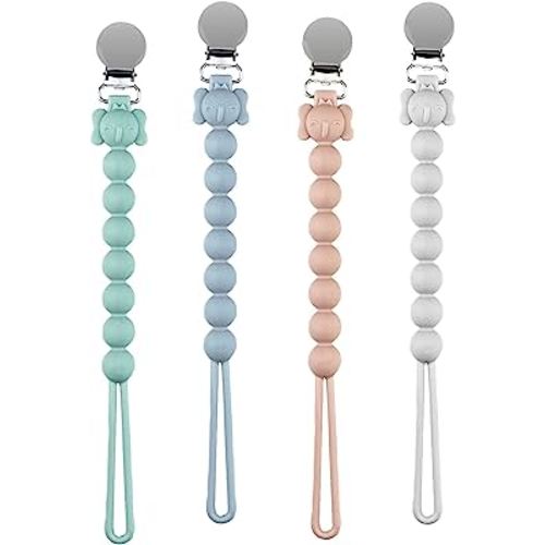Silicone Pacifier Clip, 4 Pack Pacifier Clips for Boys and Girl, One-Piece Pacifier Holder Clips, Binky Clips for Teether Toys Birthday Christmas Shower Gift, Baby Essentials