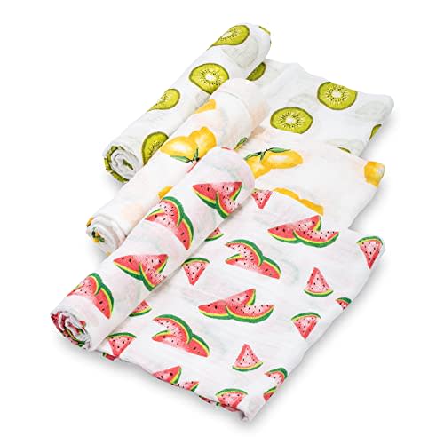 LollyBanks Muslin Swaddle Blanket |Baby Girl Fruit Pattern | Watermelons, Lemons, and Oranges |100% Cotton |New Borns and Infants |Large 47 x 47 inches |Machine Washable