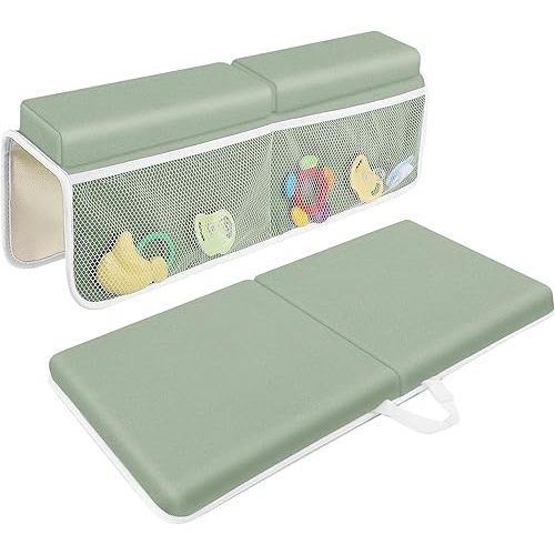 Bath Kneeler with Elbow Rest Pad Set, 1.5 inch Kneeling Pad Mat for Bathtub Baby Bathing Parents, Painless Foam Mat with Toy Organizer Pockets, Non-Slip for Baby and Toddler Bathing