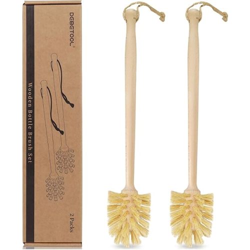 2-Pack Natural Wooden Bottle Brush with Sisal Bristles, Long Handle Bottle Brush Cleaner for Wide Mouth Jars, Water Bottles, Cups, Glasses, Baby Bottles (Non-Scratch)