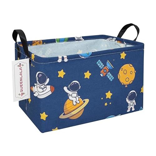 QUEENLALA Rectangular Laundry Hamper/Foldable Nursery Laundry Basket for Organizing/Storage Bin Baskets/Children Toy Office Bedroom/Toy Bin Closet Shelf Baskets(Rec-Yellow Star Astronaut)