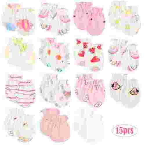 Deago 15 Pairs Newborn Baby Cotton Mittens No Scratch Gloves Unisex Newborn Mittens for Baby Boys Girls 0-5 Months