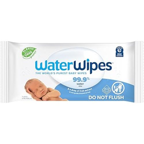 WaterWipes Plastic-Free Original Baby Wipes, 99.9% Water Based Wipes, Unscented & Hypoallergenic for Sensitive Skin, 180 Count (3 packs), Packaging May Vary