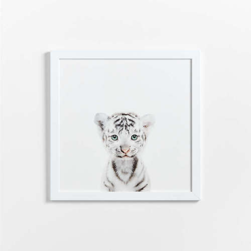 Baby White Tiger White Wood Framed Wall Art Print