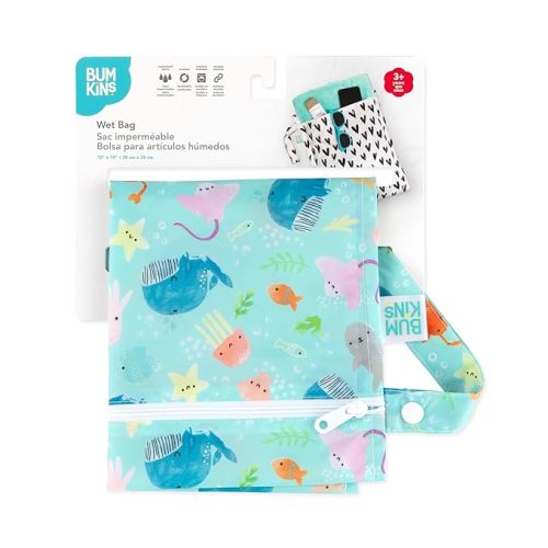 Bumkins Waterproof Wet Bag for Baby, Travel, Swim Suit, Cloth Diapers, Pump Parts, Pool, Beach, Gym Clothes, Toiletry, Hook to Stroller, Daycare, Zipper Reusable Wetdry Packing Pouch, Ocean Life Blue