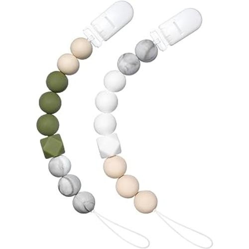 Pacifier Clip for Baby Boys Girls, Pacifier Holder,Neutral Binky Clips for Baby Gift, Flower Pacifier Clips, 2 Pack(Green, Beige)