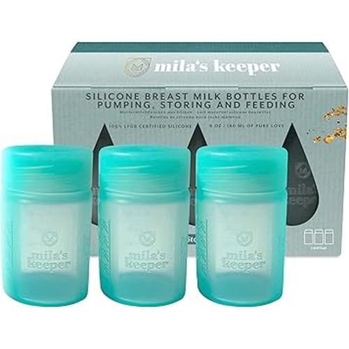Mila's Keeper Premium Silicone Breast Milk Storage Bottles, for Pumping, Storing and Feeding, Fits Leading Pumps and Nipples, 6 oz Silicone Milk Storage Containers, Wide Neck Ocean Mist, Set of 3