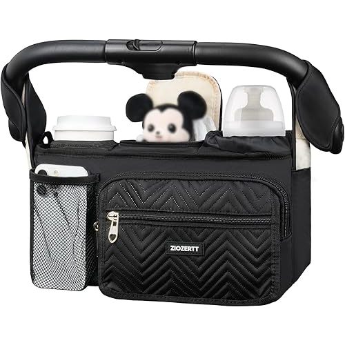 Universal Stroller Organizer with Insulated Cup Holder,Stroller Caddy Bag with Wet Wipes Pocket,Stroller Accessories Fits for Uppababy,Doona,Jogger,Britax,Mompush,BoB Strollers,Black