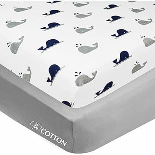 American Baby Company 2 Pack 100% Natural Cotton Fitted Crib Sheets 52" x 28" - Soft, Breathable, Hypoallergenic & Gentle Toddler Bed Sheets, Navy Whale and Gray, Neutral for Boys & Girls
