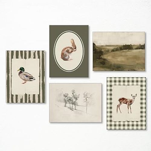 5pcs Nursery Canvas Wall Art, Sage Green Posters for Kids Room, Rabbit Deer and Duck Cute Animals Picture, Rustic Landscape and Tree Print, Neutral Baby Bedroom Wall Decor 8x12in Unframed