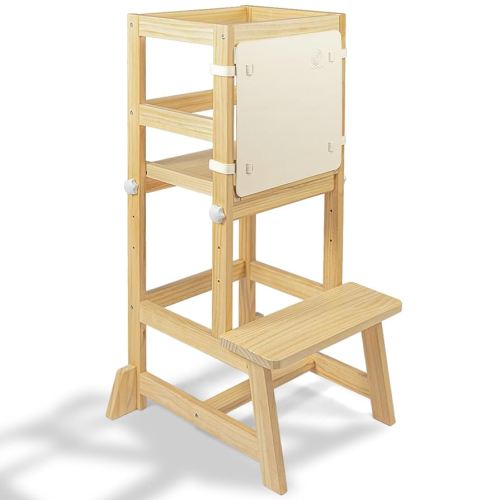 WOOD CITY Kitchen Stool Helper for Kids with Non-Slip Mat, Toddler Standing Tower for Learning, Wooden Toddler Stepping Stool for Counter & Bathroom Sink (Burlywood-Adjustable)
