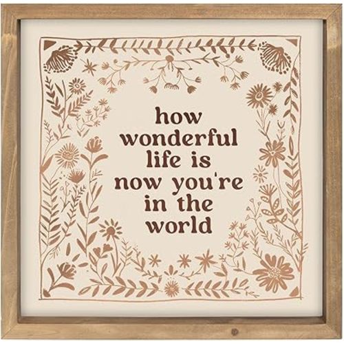 pechpell 11.8 Inch Nursery Wall Decor, Wooden How Wonderful Life Is Now You're In The World Sign, Boho Vintage Baby Girl Woodland Nursery Art Kids Room Table Shelf Decorations for Home Playroom