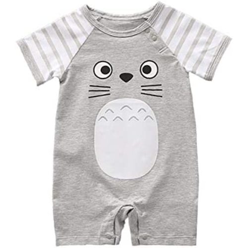 stylesilove Unisex Baby Cotton Onesie - Short Sleeve Outfit with Cute Graphics, Striped Sleeves, 3-24 Months