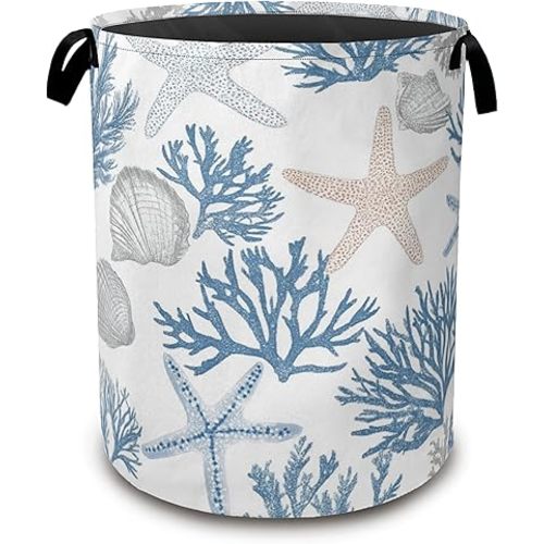 Starfish Seashell Laundry Basket,Coral Collapsible Laundry Baskets with Handles,Waterproof Oxford Cloth Storage Basket 16"x20" for Bathroom/Bedroom/Dormitories