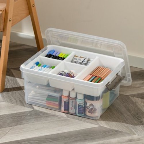Kerhouze 17 Qt Clear Storage bins with Lid and 5 Grids Tray Plastic for Kids Craft Toy Sewing Organizer 1 Pack