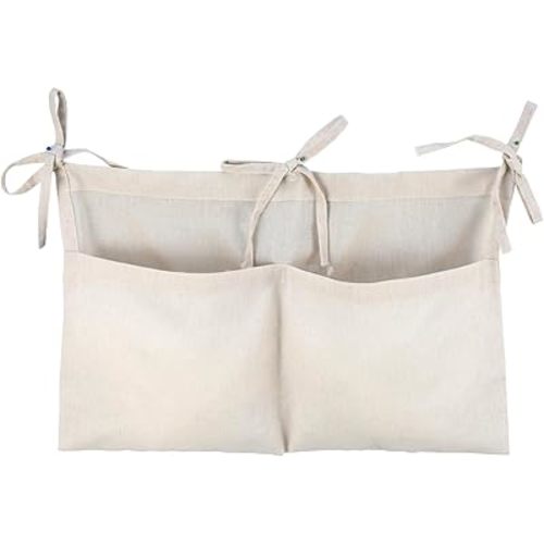 Linen Baby Bedside Hanging Storage Bag, Oatmeal 2 Pockets Milk Bottle Bib-Storage Crib Organizer Nursery Baby Nappy-Bag for Cribs Toys