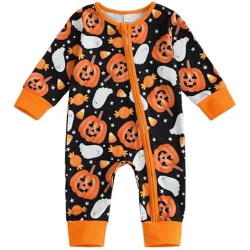 Lamuusaa Newborn Baby Girl Boy Halloween Outfit Long Sleeve Pumpkin/Ghost Romper Zipper Bodysuit Jumpsuit Fall Clothes