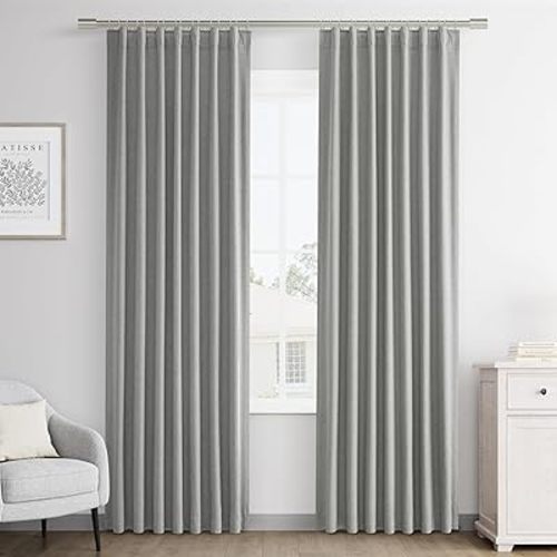 Joywell Dark Grey Linen 100% Blackout Curtains 84 Inch Long, Rod Pocket/Back Tab/Hook Belt/Clip Rings,Thermal Insulated Drapes for Bedroom Living Room with Hooks(2 Panels,52 x 84)