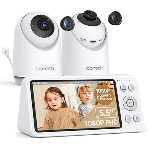 bonoch 5.5” 1080p Baby Monitor with 2 Cameras, Split-Screen Baby Monitor No WiFi, Baby Monitor with Camera and Audio, 7800mAh, 1800ft Range, Recording&Playback, Motion&Sound Detect, 110° Wide-Angle