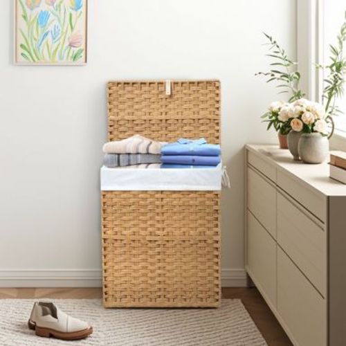 JIONJOY 23.7 gal. Wicker Hamper w/Lid, Foldable Design, Removable Compartment & Washable Liner - Yellow