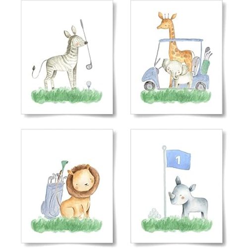 La Naranja Safari Nursery Decor Golf Wall Art Prints for Kids Cute Room Decor Aesthetic Golf Buddies Animal Pictures for Boys Room, Girls Room, Baby Shower Gifts, Set of 4, 8''x10'', UNFRAMED