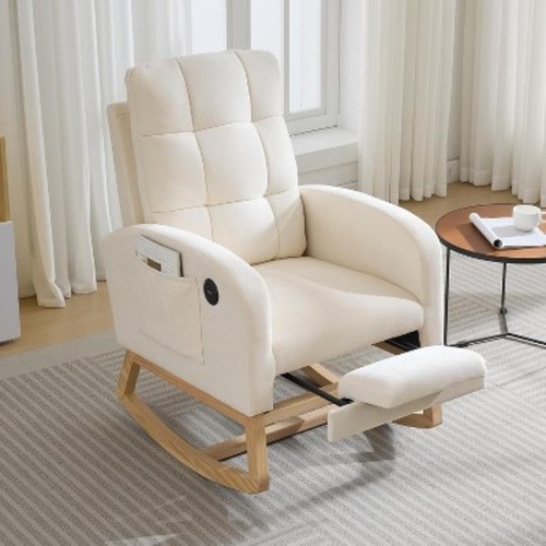 Acekool Modern Rocking Chair for Nursery, Recliner Glider with Side Pocket, USB Port, High Back, Padded Armrests, Wood Legs