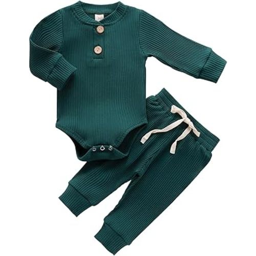 Newborn Baby Boy Girl Clothes Ribbed Knitted Cotton Long Sleeve Romper Long Pants Solid Color Fall Winter Outfits