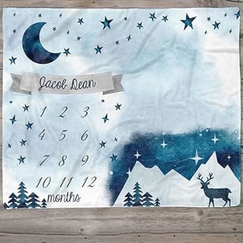 IZI POD Deer Mile Stone Blanket- Baby Boy Blue Nighttime Mountain Monthly Blanket, Baby Monthly Blanket, Baby Blanket for Boy, Nursery Baby Blanket, New Born Gifts